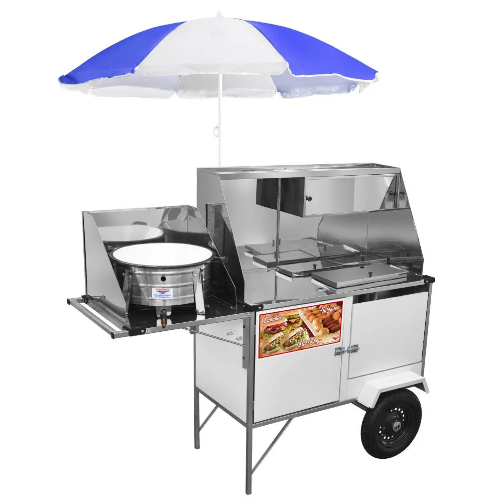 Carrinho 3 em 1 Cefaz Hot Dog Lanche e Salgado Luxo Branco Rodas Pneumáticas e Guarda Sol BL28P/GS