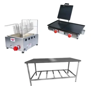 Kit Lanchonete Mesa de Manipulação 190x70cm + Fritadeira a Gás 1 Cuba + Chapa a Gás 60cm