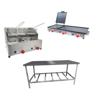 Kit Lanchonete Mesa de Manipulação 190x70cm + Fritadeira a Gás 2 Cuba + Chapa a Gás 90cm