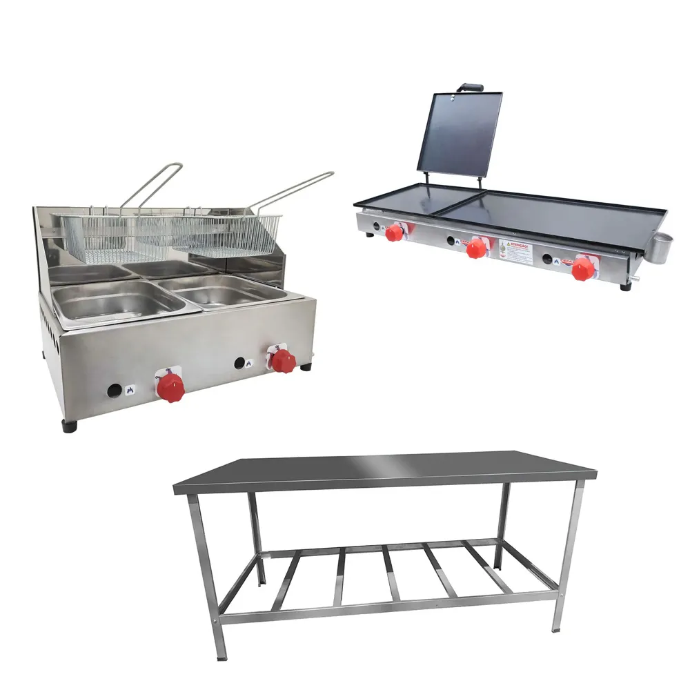 Kit Lanchonete Mesa de Manipulação 190x70cm + Fritadeira a Gás 2 Cuba + Chapa a Gás 90cm